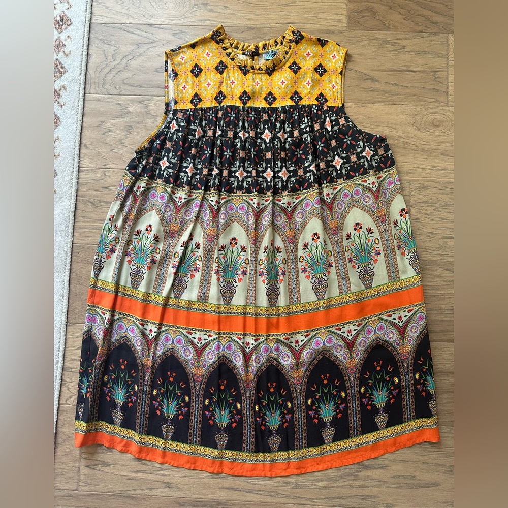 Anthropologie Bohemian Sleeveless Dress, yellow, black, orange.Size XL